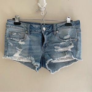 American Eagle Super Low Shortie Crochet Pocket Distressed Shorts, Size 6